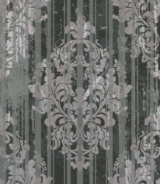 Vintage Barok Victoria desen vektör. Çiçek süsleme dekorasyon. Yaprak oyulmuş retro grunge doku tasarım ilerleyin. Gri renkler