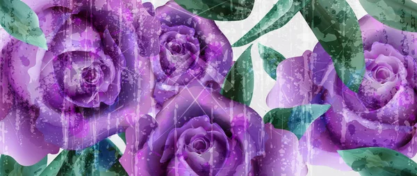 Purple roses watercolor background Vector. Vintage greeting. Delicate floral frame decor bouquets — Stockvector