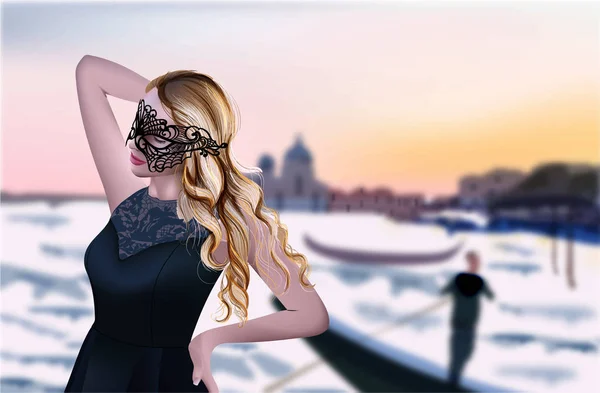 Дівчина у Венеції Вектор. Прекрасний фон заходу сонця. Гранд-канал. Чорна маска і сукня — стоковий вектор