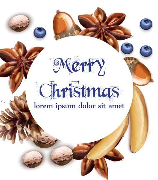 Καλά Χριστουγέννα με μπανάνες, βατόμουρου και γλυκάνισο star διάνυσμα ακουαρέλα καρέ — Διανυσματικό Αρχείο