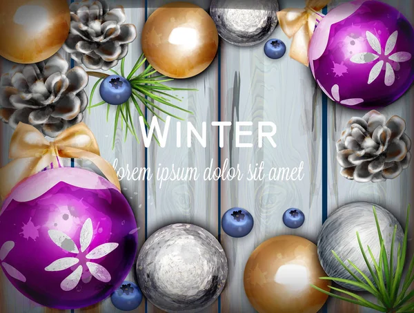 Fundo de inverno com decorações bonitos Vector ilustração aquarela. Banner de textura de madeira. Febres de férias — Vetor de Stock
