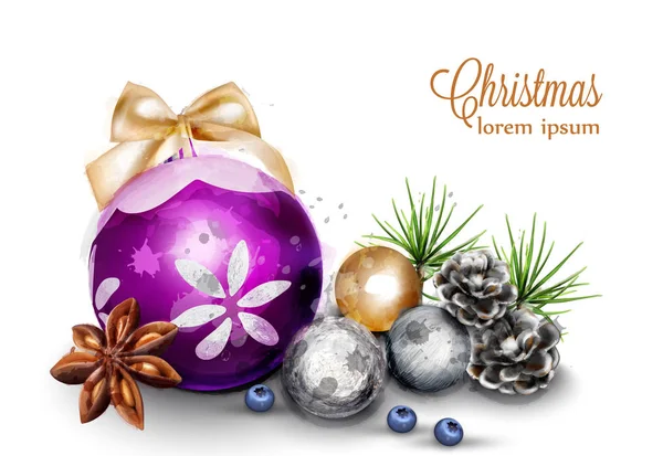 Feliz cartão de Natal com decorações bonitos Vector ilustrações aquarela — Vetor de Stock