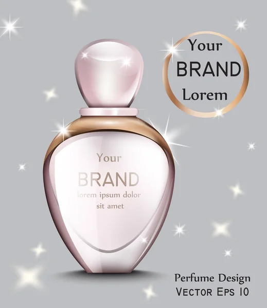 Parfumfles met gouden elementen realistische Vector. Cadeau parfum glanzend decor. "Product placement". Roze delicate kleur — Stockvector