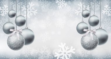 Gümüş parlak parlak baubles kar taneleri üzerinde gerçekçi vektör arka plan. Noel gümüş süslemeleri kartı. Tatil kış poster. 3D çizim dekorlar ayrıntılı