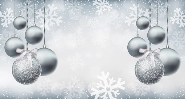 Gümüş parlak parlak baubles kar taneleri üzerinde gerçekçi vektör arka plan. Noel gümüş süslemeleri kartı. Tatil kış poster. 3D çizim dekorlar ayrıntılı — Stok Vektör