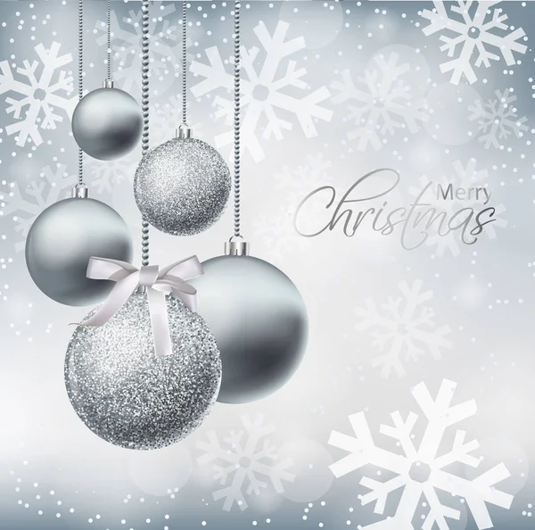 Feliz cartão de Natal com bugigangas de prata Vector realista. Decorações de glitter brilhantes de Natal. Cartaz de inverno de férias. Decorações detalhadas ilustração 3d — Vetor de Stock