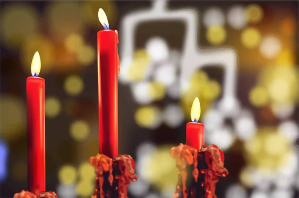 Bougies rouges Vecteur réaliste. Bokeh lumières fond 3d illustrations — Image vectorielle