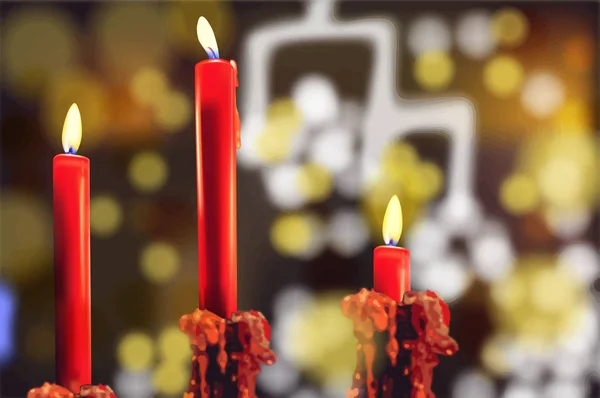 Velas vermelhas Vector realista. Bokeh luzes fundo 3d ilustrações — Vetor de Stock