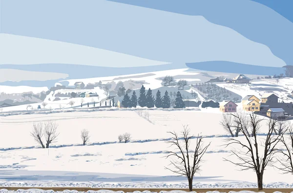 Zimní venkovské krajiny vektoru. Malé vesnice a spousta sněhu na pozadí ilustrací — Stockový vektor