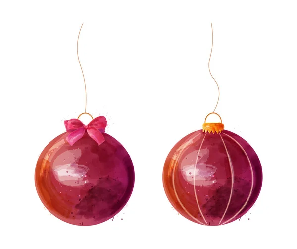 Bolas de Navidad rojas decoraciones acuarela Ilustraciones vectoriales aisladas en blancos — Vector de stock