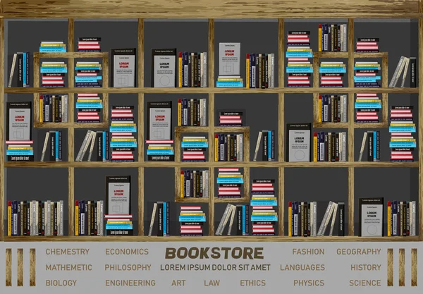 Boekhandel interieur Vector. Boeken op de planken illustratie decor. gedetailleerde illustraties — Stockvector
