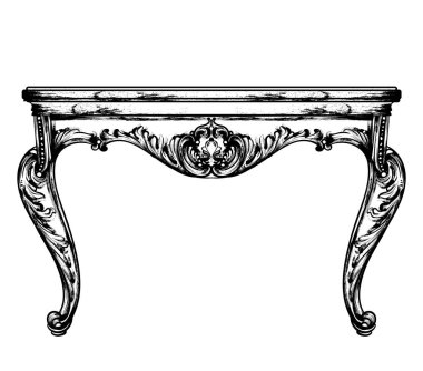 Klasik masa mobilya vektör. Detaylı ön görünüm oyulmuş süs dekorları ile. Satır sanat vintage siyah renkleri