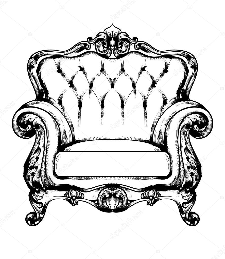 Baroque furniture rich armchair. Royal style decotations. Victorian ornaments engraved. Imperial furniture decor. Vector illustrations line arts
