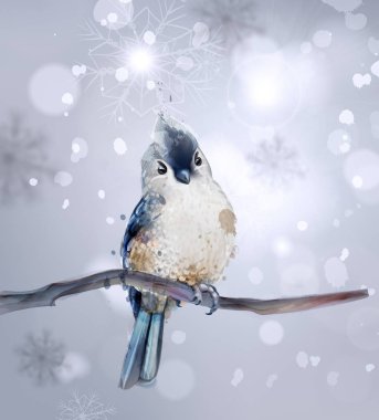 Bir şube suluboya vektör şirin kuş. Kışın karlı güzel arka planlar