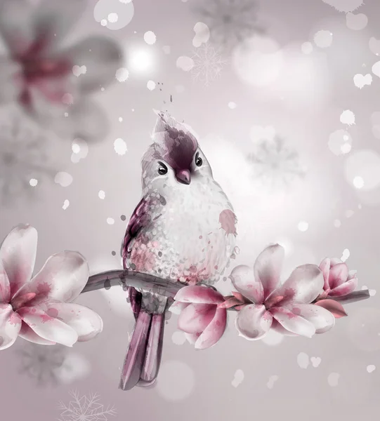 Carino uccello rosa su un ramo con fiori di magnolia vettoriale. Acquerello bellissimi sfondi — Vettoriale Stock