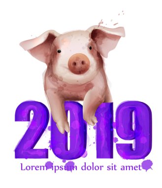 2019 suluboya Çin domuz yıl vektör kartı. Sulu boya tarzı mutlu yeni yıl tatil olayları