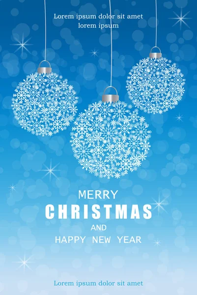 Feliz Natal flocos de neve cartão de decorações no inverno geada Vector. Blue belos cartões de férias. Fundos nevados desfocados — Vetor de Stock