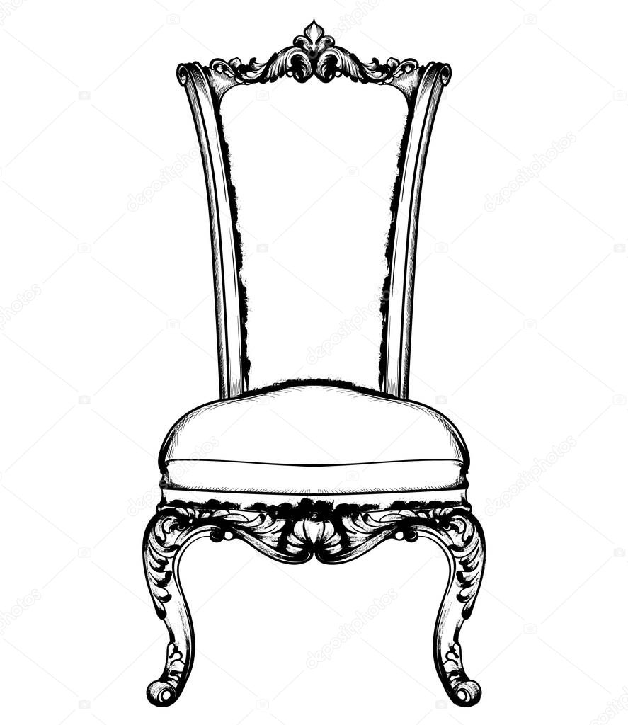 Baroque luxury chair. Royal style decotations. Victorian ornaments engraved. Imperial furniture decor. Vector illustrations line art baroque stylish designs