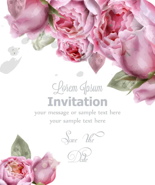 Bazsarózsa virágok-akvarell vektor. Meghívó, esküvői ceremónia, finom képeslap, nők napja üdvözlőlap. Szép pasztell színek — Stock Vector