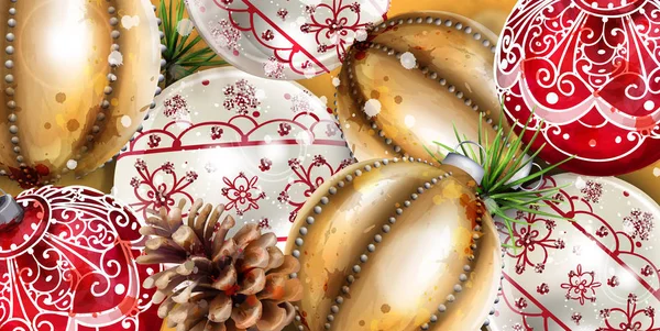 Різдвяні кульки Векторні прикраси банер. Реалістичні прикрашені різдвяні сукні. барвисті новорічні декори золотий і червоний — стоковий вектор