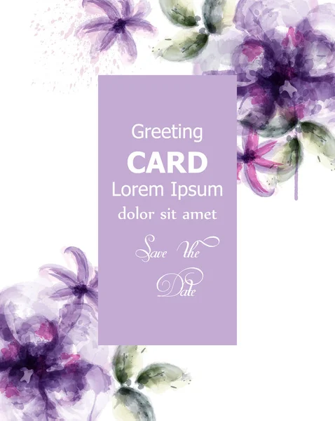 Lila virágok akvarell kártya vektor. Lila foltok és finom virágzó dekorációval. Esküvő, meghívó, képeslap, nők napja üdvözlőlap. Flow színes csepp. Szép pasztell színek — Stock Vector