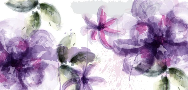 Lila virágok akvarell kártya vektor. Lila és finom virágzó dekorációval. Esküvő, meghívó, képeslap, nők napja üdvözlőlap. Flow színes csepp. Szép pasztell színek — Stock Vector