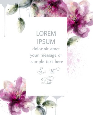 Pembe lily çiçekler suluboya vektör kartı. narin çiçek çiçek açan dekor. Davetiye, düğün töreni, kartpostal, kadınlar günü tebrik. Renkli damla akış. Güzel pastel renkler