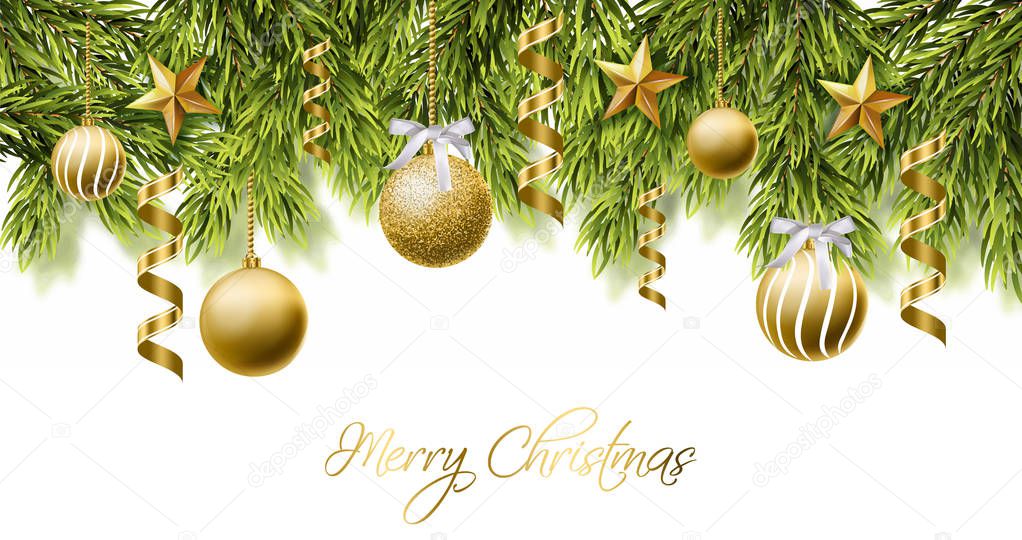 Merry Christmas white card with golden glitter balls Vector. Realistic 3d detailed illustration. Gold text on white backgrounds