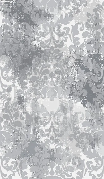 Barocke Textur Grunge Hintergrundvektor. Floraler Ornamentschmuck mit altem Fleckeneffekt. viktorianisches Retro-Design. Graue Farben — Stockvektor