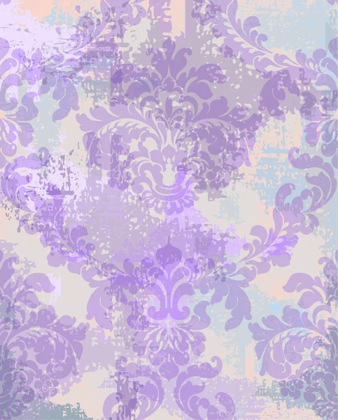 Texture damassée fond vectoriel. Décoration florale motif ornement avec effet de vieilles taches. Design rétro gravé victorien. Des taches d'aquarelle. Couleurs violettes — Image vectorielle