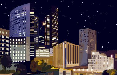 Gece Vector'da iş merkezi. Paris Fransa'daki La Defense İş Merkezi. Geceleri güzel ışıklı binalar
