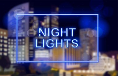 Gece şehir üzerinde neon ışıkları vektör arka plan. İş Merkezi binalar. Mavi ışık efekti kartları