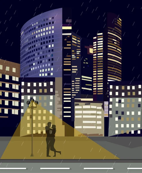 Pareja romántica en la noche centro de negocios de la ciudad Vector. La Defense Centro de negocios en París Francia. Hermosos edificios iluminados por las noches — Vector de stock