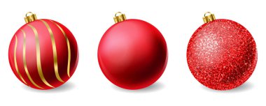 Red shiny glitter Christmas balls Vector realistic. Merry Christmas elements isolated. Detailed 3d illustration decors