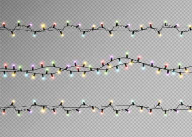 Lights garland isolated on transparent background Vector. Realistic design elements. Christmas lights glowing templates