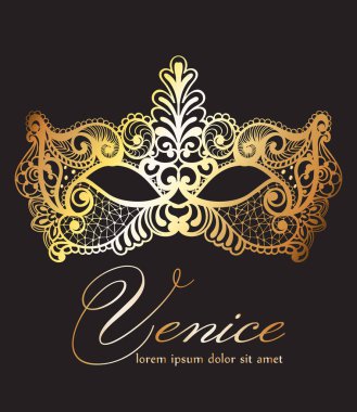 Altın dantel maskesi karnaval vektör. Venedik karnaval kart. Maskeli parti. Mardi Gras davet. Karnaval ışıltılı tasarım. Gece parti Poster. Dans el ilanı. Müzikal Banner Şablonlar
