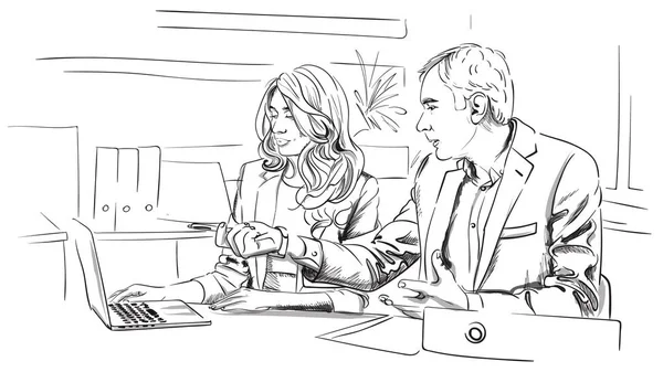 Hombres y mujeres de negocios hablando en la oficina Vector. Plantilla digital de Storyboard. Bosquejo estilo línea artes — Archivo Imágenes Vectoriales