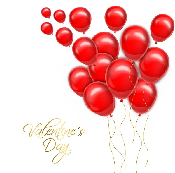 Valentine day golden text with red balloons Vector realistic. Romantic party invitattion card. detailed 3d balloons — Stok Vektör