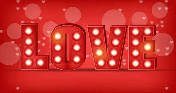 Texto de amor en luces Vector realista. Tarjeta especial de San Valentín. Rojo romántico fondo ilustraciones — Vector de stock