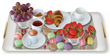 Breakfast coffee, croissant strawberries Vector realistic. Full morning fresh meal. 3d detailed menu template. Strawberry jam flavor. delicious desserts poster clipart