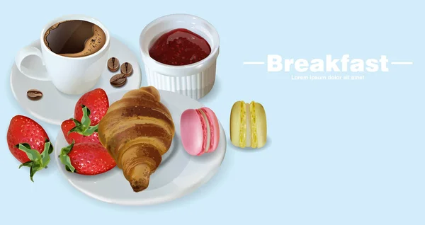 Petit Déjeuner Café Croissant Macarons Vector Réaliste Modèle Menu Carte — Image vectorielle