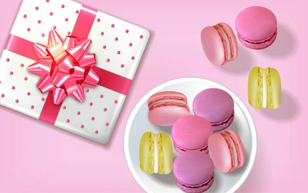 Coffret Cadeau Macarons Réaliste Vecteur Modèle Bannière Illustration Menu Étiquette — Image vectorielle