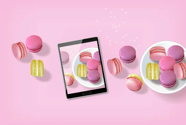 Vetor Realista Macaroons Tablet Tomando Macaroons Foto Modelo Layout Ilustração — Vetor de Stock