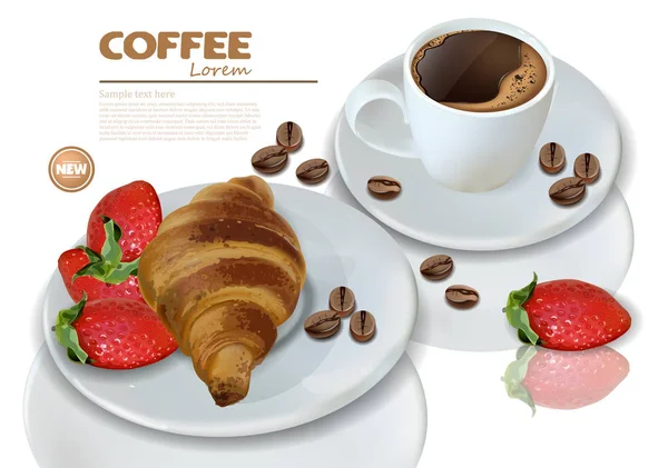 Ontbijt Koffie Croissant Vector Realistisch Gedetailleerde Kaart Menu Template Aardbeienjam — Stockvector