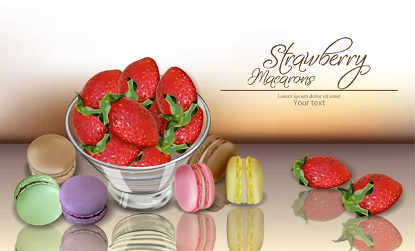 Fraise Macarons Vecteur Réaliste Modèle Menu Carte Détaillé Délicieuse Affiche — Image vectorielle