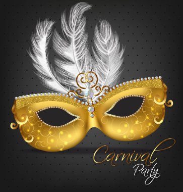 Altın süslemeli, tüylü, gerçekçi bir maske. Şık Maskeli Balo Partisi. Mardi Gras davetiyesi. Gece Partisi Posteri. Dans Pilotu. Müzik festivali afişi şablonu
