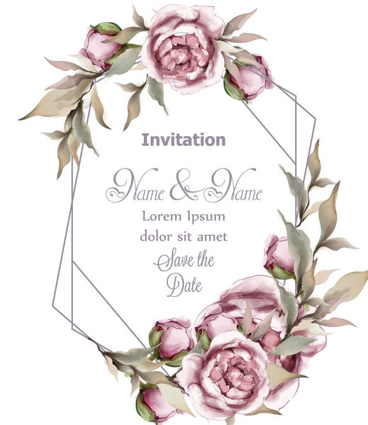 Rose delicate abstract frame Vector. Wedding invitation card. Save the date. Spring summer decors