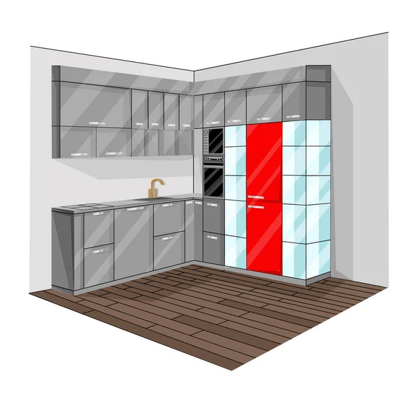 厨房设计向量。扁平风格的内部背景。红色和灰色 — 图库矢量图片
