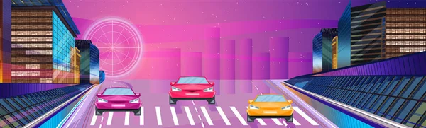 Car racing natt banner vektor. Road bilar trafikstockning. Flat stilar — Stock vektor
