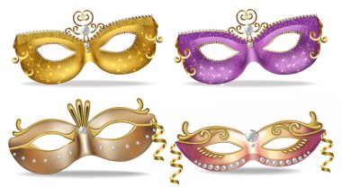 Altın ve mor maskeleri koleksiyonu vektör gerçekçi ayarlayın. Şık maskeli parti. Mardi Gras kartı davetiye. Gece parti Poster. Dans el ilanı. Müzik Festivali Afiş Şablonlar